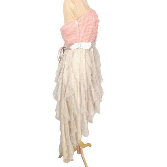 Flirty Feminine Strapless Hi Low Ruffle Coquette Dress SZ 13 Pink Beige Teeze Me - Picture 4 of 11